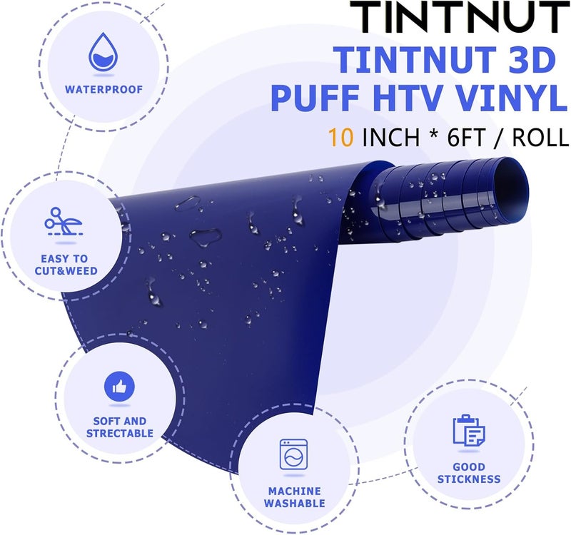 Tintnut Puff Vinyl Heat Transfer - 10inches x 6ft 3D Dark Blue Puff HTV Roll Heat Transfer Vinyl Foaming Colorful Puffy Iron on Vinyl for T-Shirts DIY Compatible with Cricut or Silhoutte Cameo - Image 2